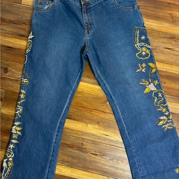 Vintage Style Midnight Velvet Floral Sequins Jeans Size 22W - Picture 3 of 14